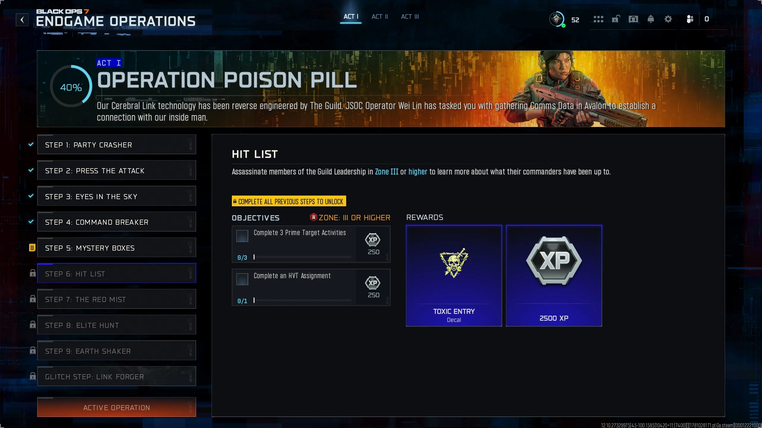 Step 6: Hit List objectives and rewards screen