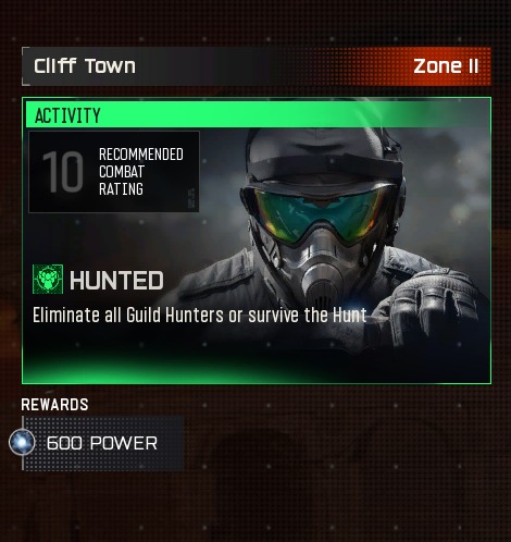 Hunted activity card on the Tac Map at Cliff Town